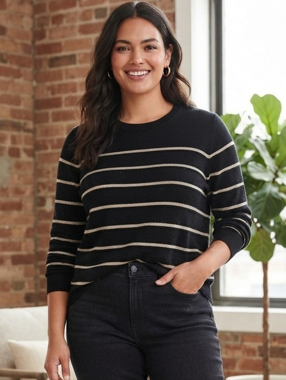 J. Crew Women's Sweater XXL Black Shimmering Cream Striped New NWOT